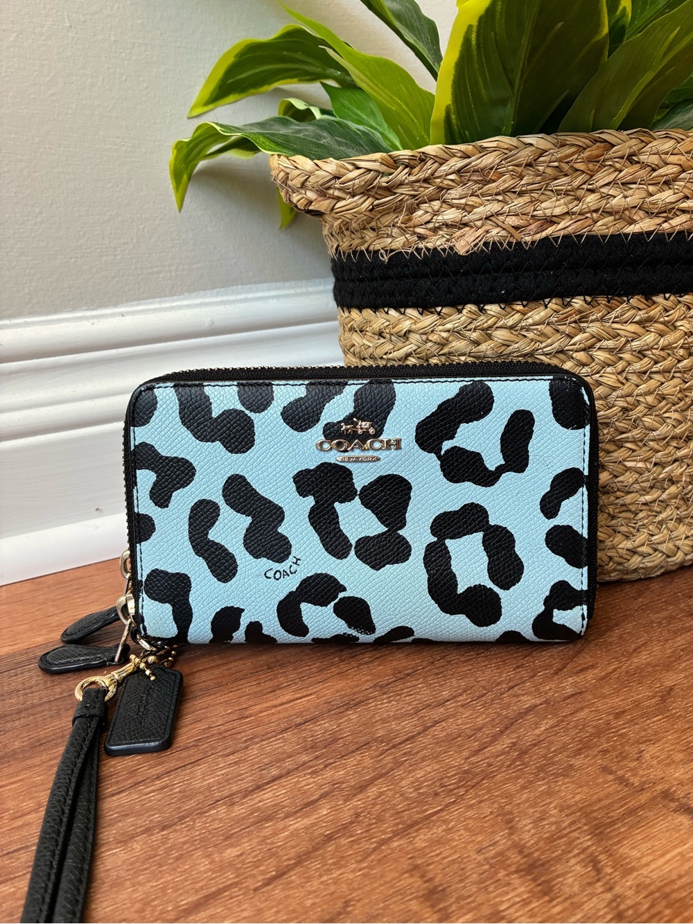 Coach Ocelot Leopard Print Double Zip Around Wallet Wristlet, Blue / Black